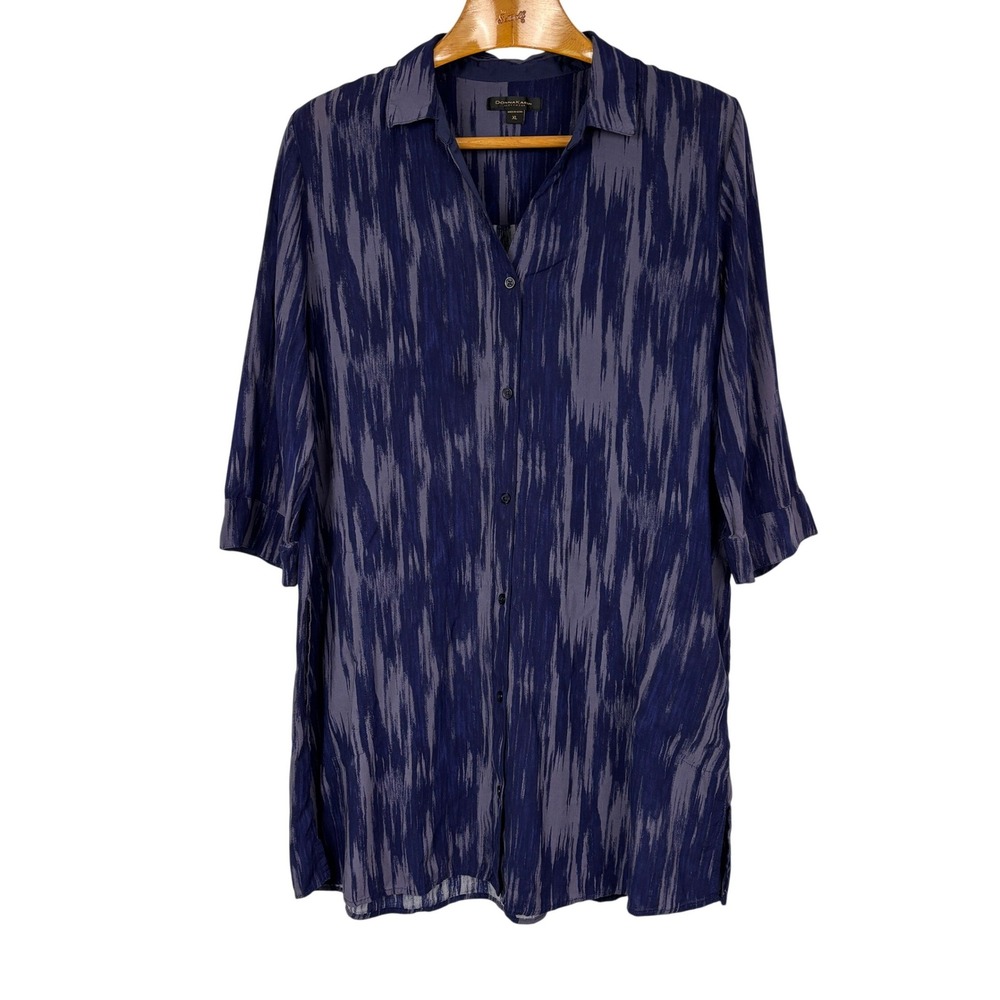 Donna Karan Sleepwear XL Button Front Tunic Shirt Dress Purple Ikat Pockets
